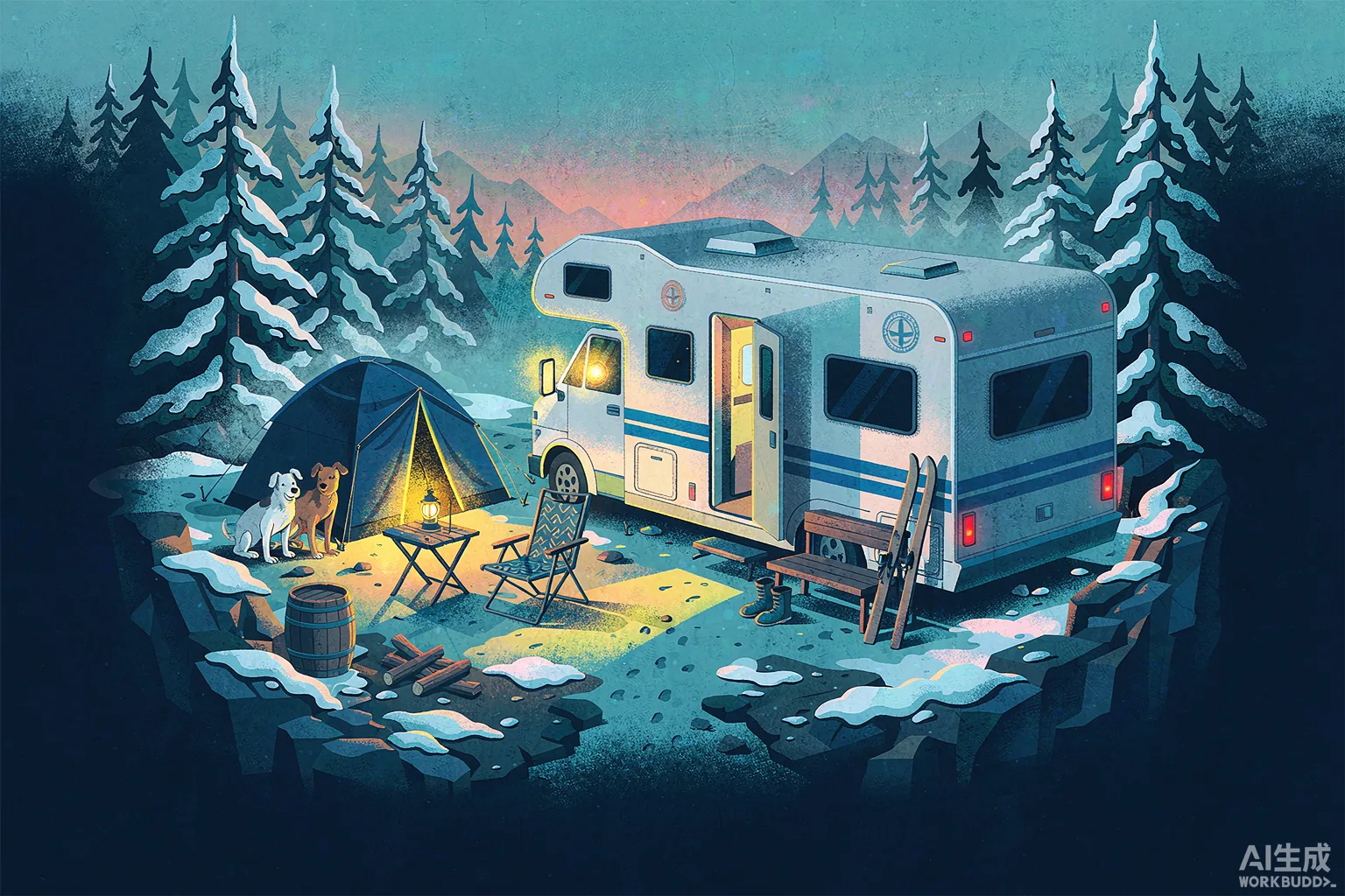 Illustration of an RV in a snowy winter campground