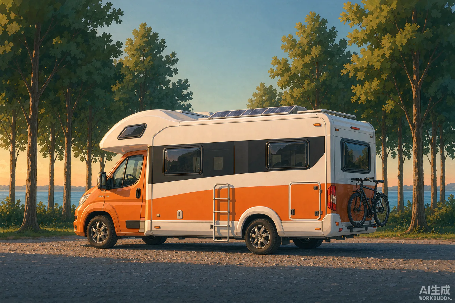 RV with rooftop solar panels at a lakeside campsite